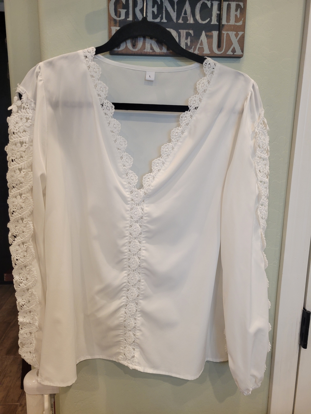 Lace-Trim V-Neck Long Sleeve Top - White